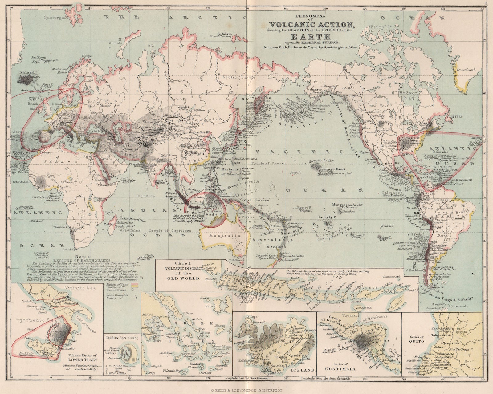 VOLCANOES. World. Italy; Santorini; Greece; Iceland; Guatemala; Quito 1886 map